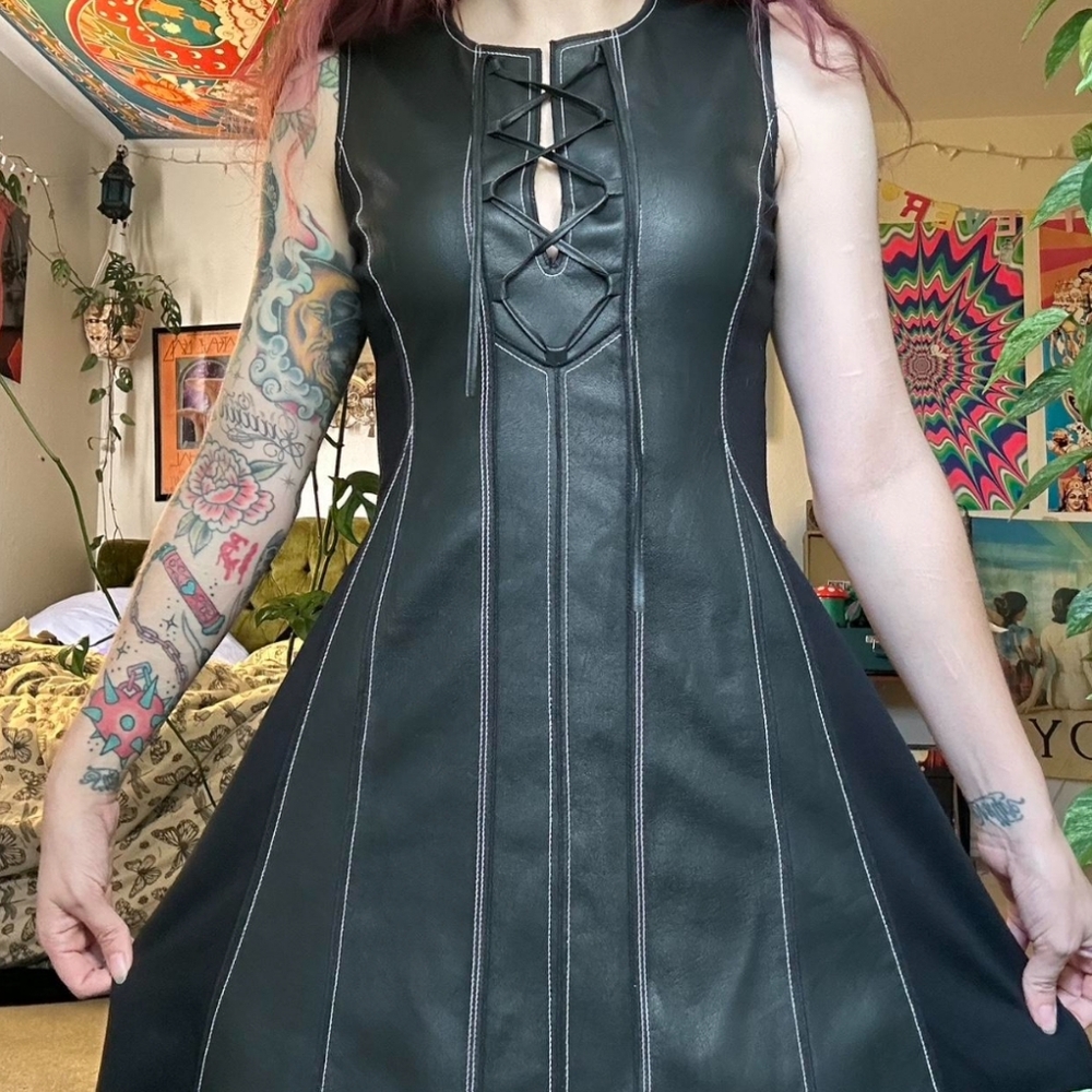 BCBGMaxazria. Sz.XS. Black Vegan‎ Leather Lace-Up Dress